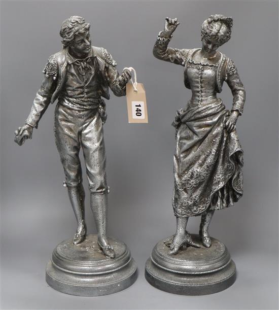 After Rancourt. A pair of silvered spelter figures